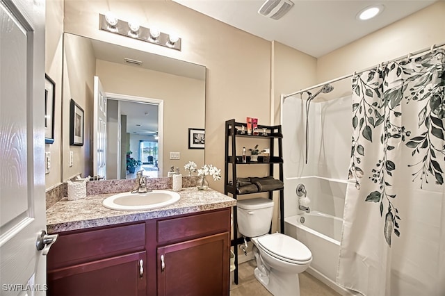 full bathroom with toilet, shower / tub combo, vanity, and tile patterned flooring