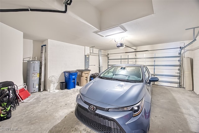 garage with a garage door opener, electric panel, and electric water heater