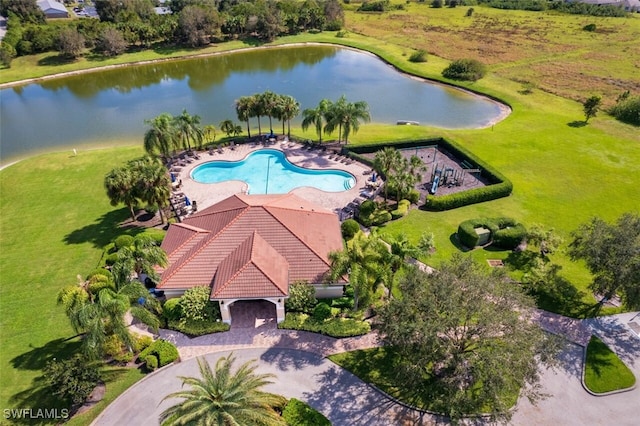 aerial view featuring a water view