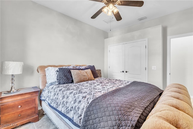 bedroom featuring ceiling fan and a closet