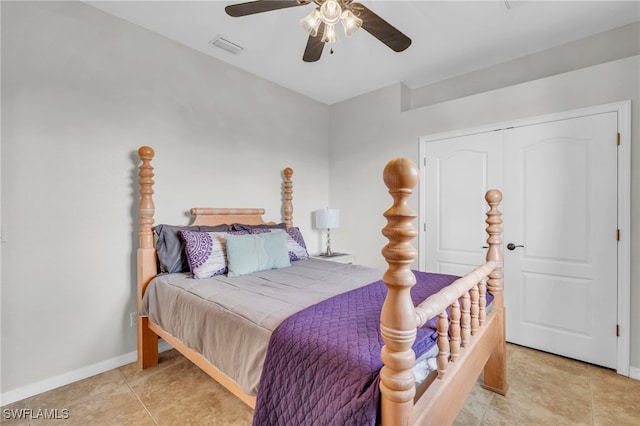 bedroom with ceiling fan and a closet