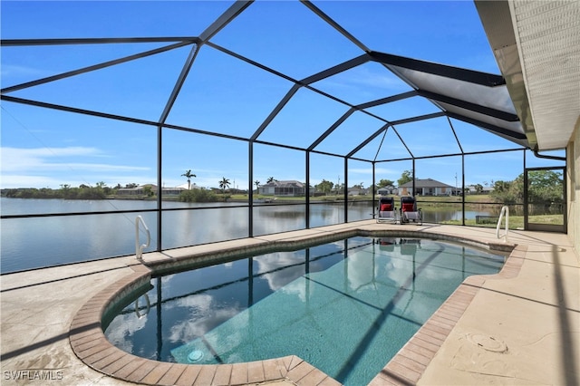 view of swimming pool featuring a water view, a lanai, and a patio area