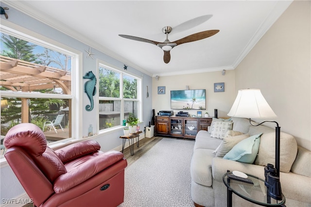 living room with light hardwood / wood-style flooring, ornamental molding, and ceiling fan