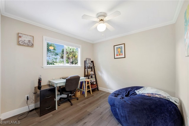 office space with ornamental molding, light hardwood / wood-style floors, and ceiling fan