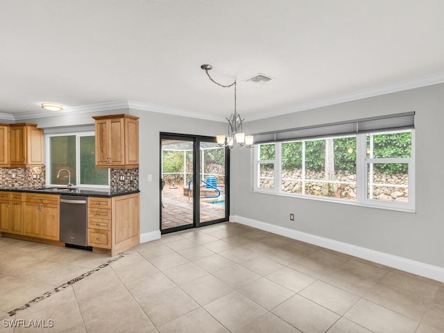 kitchen with tasteful backsplash, crown molding, a notable chandelier, sink, and stainless steel dishwasher