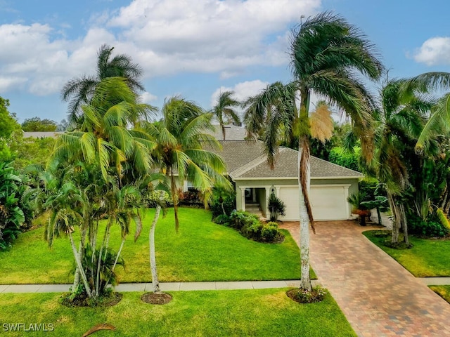 view of front of home featuring a garage and a front lawn