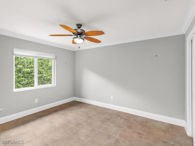 unfurnished room with ceiling fan and crown molding