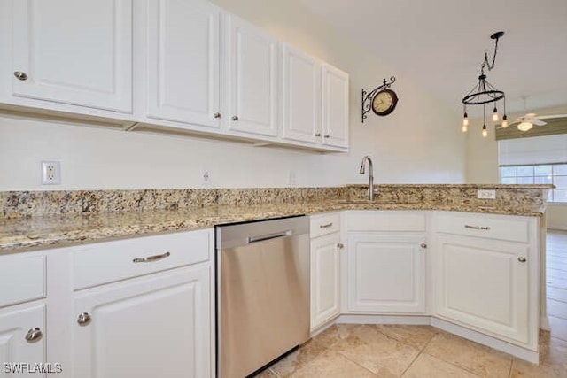 kitchen featuring white cabinetry, dishwasher, a peninsula, and a sink