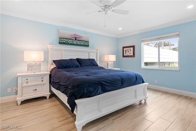 bedroom with ceiling fan and ornamental molding