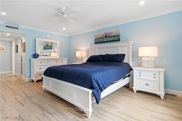 bedroom with ceiling fan and ornamental molding