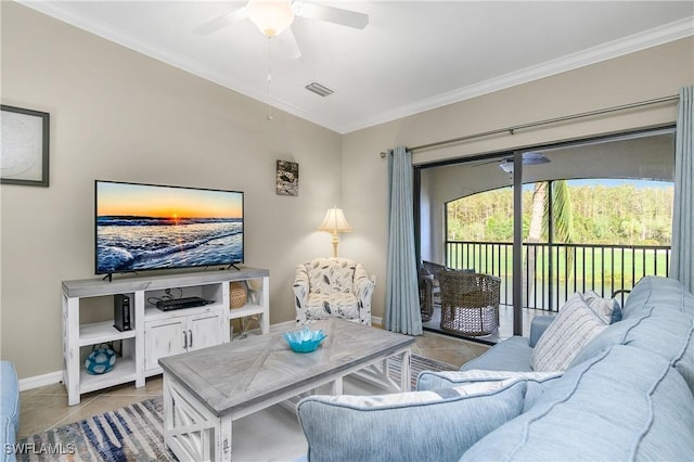 tiled living room with crown molding and ceiling fan