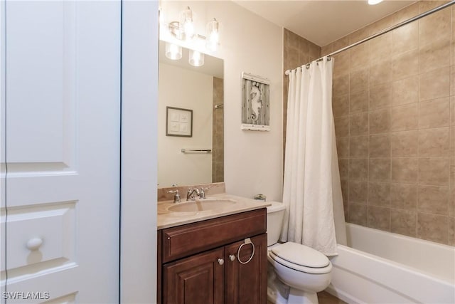 full bathroom with shower / bath combination with curtain, toilet, and vanity