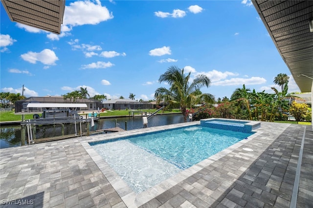 view of pool featuring a lanai, a water view, an in ground hot tub, and a patio