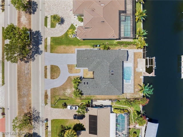 drone / aerial view featuring a water view