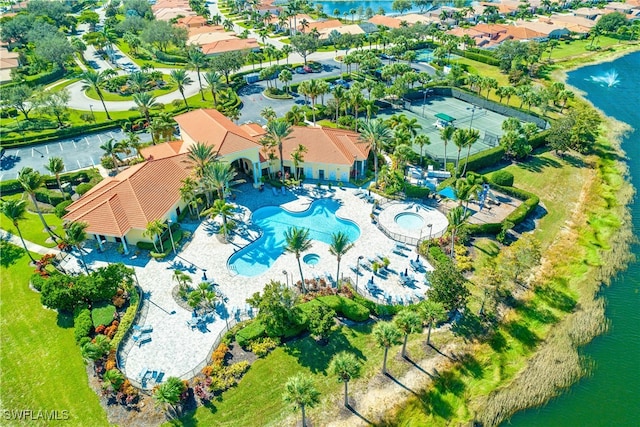 aerial view featuring a water view