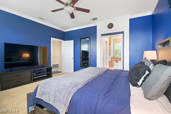 bedroom featuring carpet, ceiling fan, crown molding, and ensuite bath