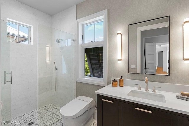 bathroom with a shower stall, toilet, and vanity
