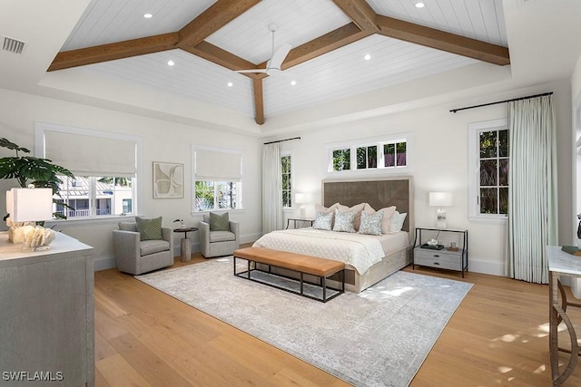 bedroom featuring light wood-style flooring, recessed lighting, beam ceiling, baseboards, and wood ceiling