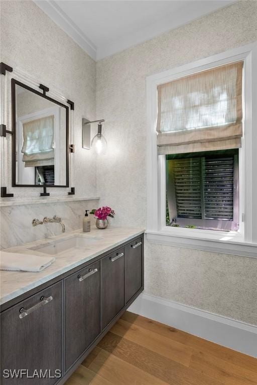 bathroom featuring wood finished floors, vanity, and baseboards