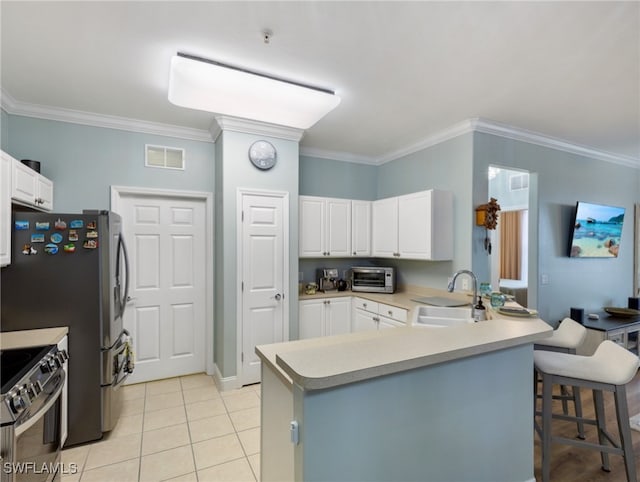 kitchen with white cabinets, kitchen peninsula, sink, ornamental molding, and stainless steel electric stove