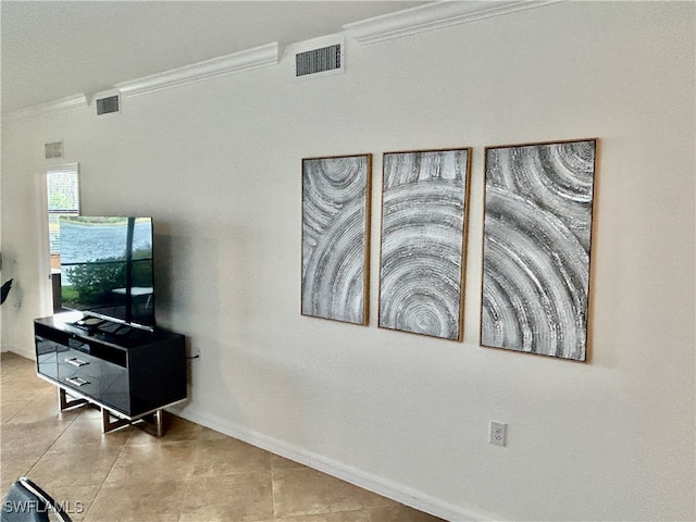 hallway featuring light tile patterned floors and crown molding