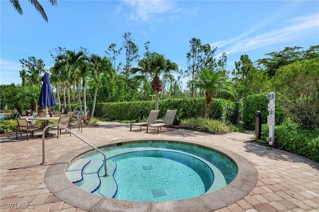 view of pool with a hot tub and a patio area