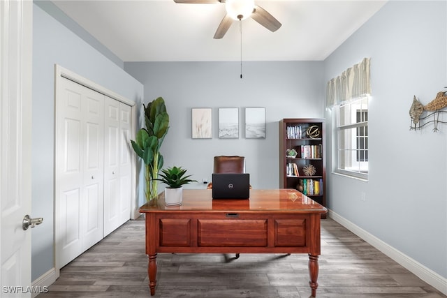 office featuring dark hardwood / wood-style floors and ceiling fan