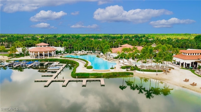 drone / aerial view featuring a water view