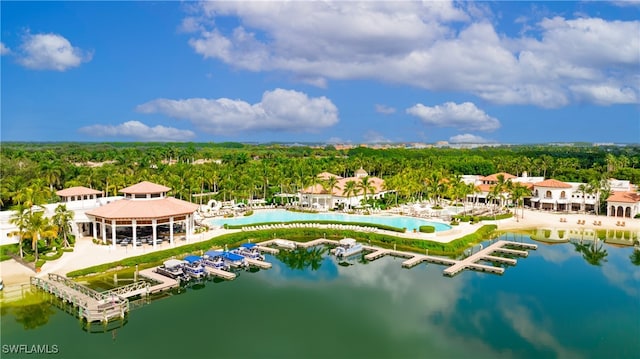 birds eye view of property featuring a water view