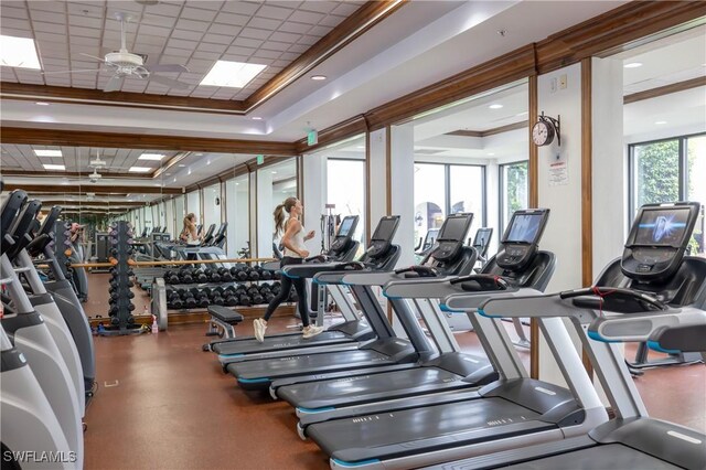 gym featuring ceiling fan and ornamental molding