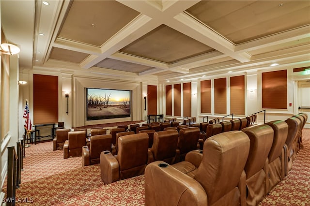 cinema featuring ornamental molding, light colored carpet, beam ceiling, and coffered ceiling