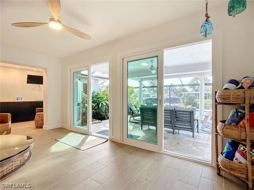 doorway with ceiling fan, a healthy amount of sunlight, and wood-type flooring