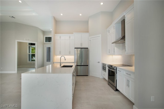 kitchen with white cabinets, a center island with sink, sink, and appliances with stainless steel finishes