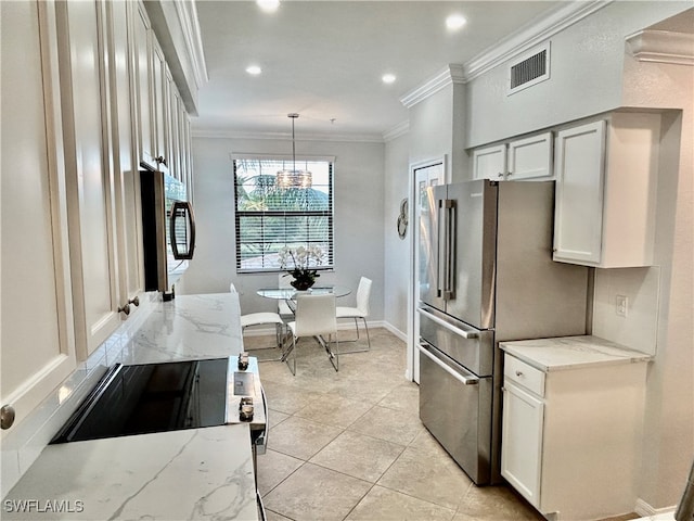 kitchen featuring stainless steel appliances, light stone counters, ornamental molding, white cabinets, and pendant lighting