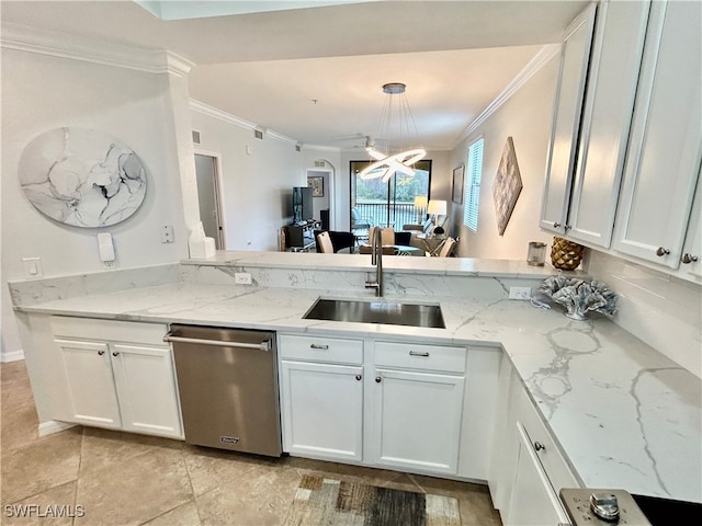 kitchen with white cabinetry, sink, light stone counters, crown molding, and dishwasher