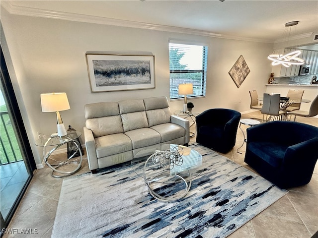 living room with light tile patterned flooring and crown molding