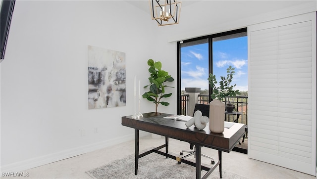 office with a chandelier