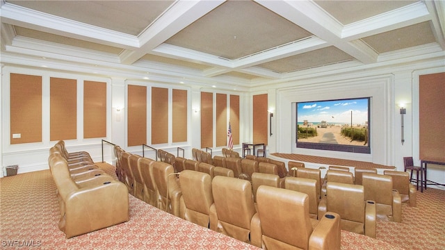 home theater featuring beamed ceiling, carpet floors, and coffered ceiling