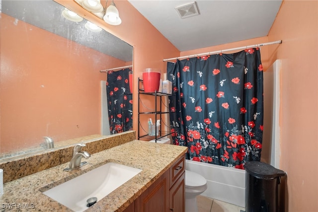 full bathroom with toilet, shower / tub combo, vanity, and tile patterned flooring