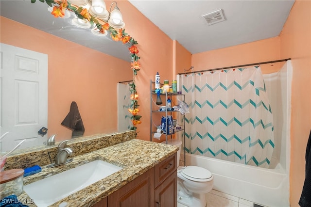 full bathroom with toilet, shower / tub combo with curtain, vanity, and tile patterned flooring