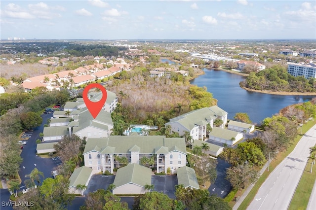 drone / aerial view featuring a water view