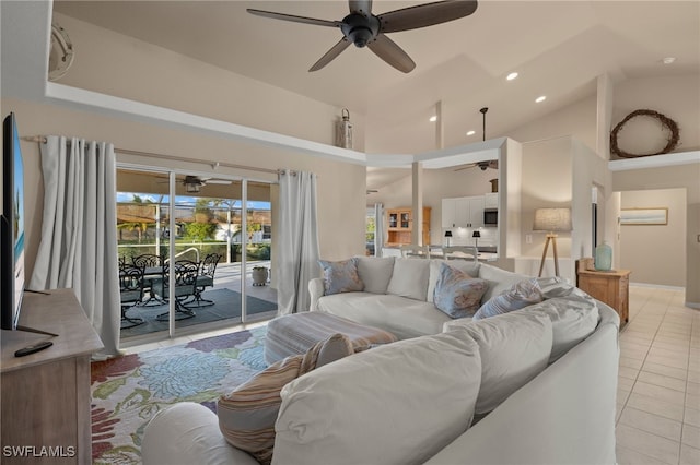 tiled living room with high vaulted ceiling