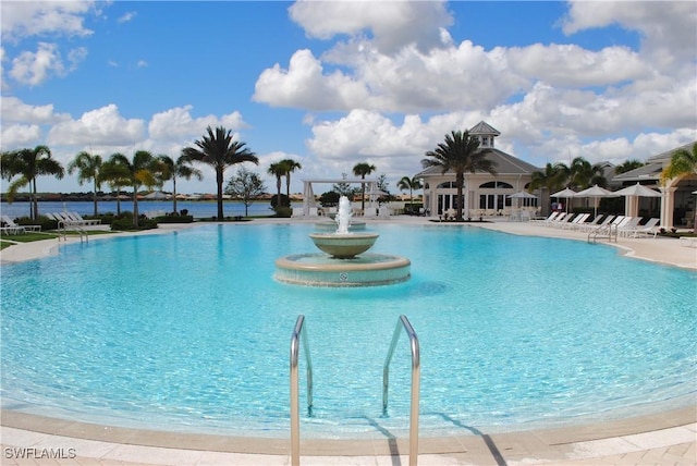 view of swimming pool with a water view