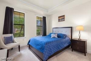 bedroom featuring baseboards, a raised ceiling, light colored carpet, and crown molding