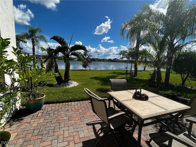 view of patio with a water view