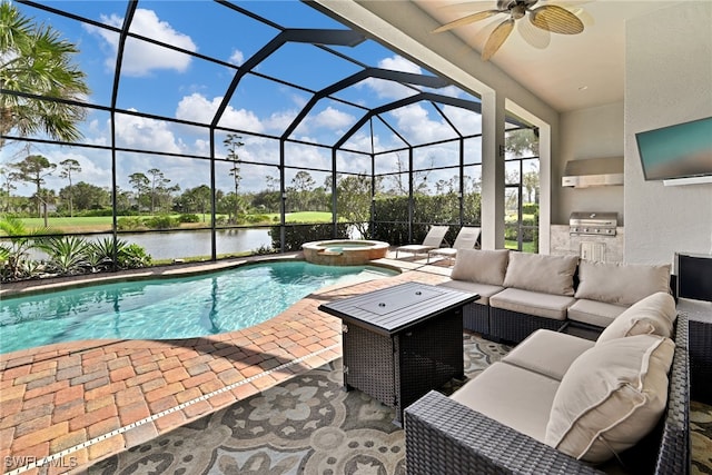 view of pool featuring an in ground hot tub, grilling area, a patio, a lanai, and outdoor lounge area