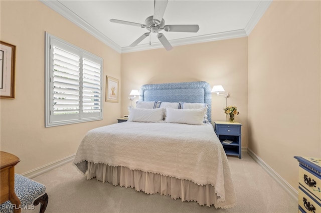 bedroom featuring ceiling fan, light carpet, and ornamental molding