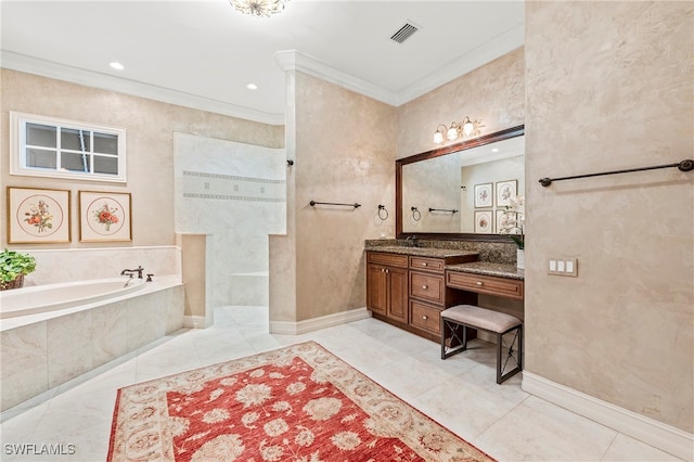 bathroom with ornamental molding, shower with separate bathtub, and vanity