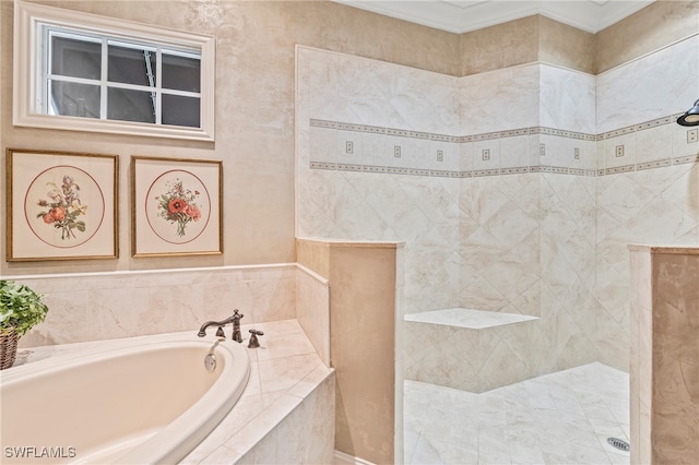 bathroom with independent shower and bath and crown molding