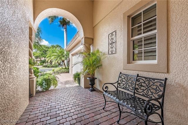 view of patio with a garage